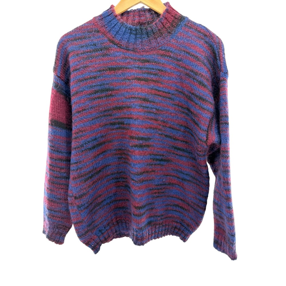 Vtg 80s Cambridge Spirit Mohair Blend Sweater M Space Dye Purple Striped Knit